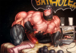 Rule 34 | 1boy, anal beads, ass, bara, batman, bed, blush, body hair, computer, dildo, erection, gloves, huge penis, laptop, looking at viewer, male focus, mask, muscular, naughty face, nipples, pectorals, penis, piercing, recording, rokudenashi, sex toy, smile, solo, sweat, teeth, uncensored
