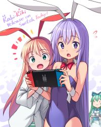 Rule 34 | 3girls, :d, :o, =), animal ears, announcement, bare shoulders, blonde hair, bow, bowtie, breasts, chibi, cicini (rabi-ribi), commentary, covered navel, cup, detached collar, dress shirt, english commentary, erina (rabi-ribi), fake animal ears, flying sweatdrops, green eyes, green hair, hairband, handheld game console, highres, holding, holding handheld game console, leotard, long hair, long sleeves, looking at viewer, maid, medium breasts, multiple girls, nintendo switch, official art, open mouth, panties, playboy bunny, purple eyes, purple hair, purple leotard, rabbit ears, rabbit girl, rabi-ribi, red neckwear, saiste, shirt, simple background, smile, striped clothes, striped panties, syaro (rabi-ribi), tray, underwear, very long hair, white background, white shirt, wrist cuffs, | |