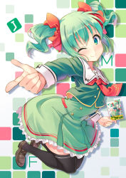 Rule 34 | 1girl, ;), black thighhighs, bow, green eyes, green hair, hair bow, hair ribbon, highres, hyuuga azuri, loafers, matching hair/eyes, one eye closed, original, pointing, recursion, ribbon, school uniform, shoes, short twintails, smile, solo, thighhighs, twintails, wink