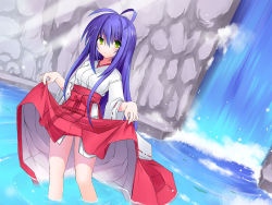 Rule 34 | 1girl, antenna hair, black hair, blue hair, blush, cliff, clothes lift, green eyes, highres, japanese clothes, lifted by self, looking at viewer, miko, nib pen (medium), original, skirt, skirt lift, solo, suika (kinokoh), thighs, traditional media, wading, water, waterfall, wide sleeves