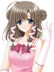 Rule 34 | blue eyes, bow, brown hair, double bun, gloves, hair bun, idol, lovely idol, nishimata aoi, ribbon, solo