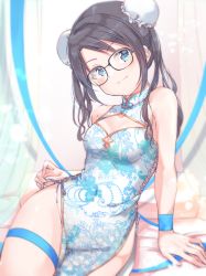Rule 34 | &gt;:), 1girl, arm support, bare shoulders, black-framed eyewear, black hair, blue dress, blue eyes, blush, bun cover, china dress, chinese clothes, cleavage cutout, closed mouth, clothing cutout, contrapposto, double bun, dress, floral print, glasses, hair bun, hair over shoulder, high collar, idolmaster, idolmaster shiny colors, looking at viewer, mitsumine yuika, no panties, on bed, pelvic curtain, print dress, shiitake taishi, side cutout, side slit, simple background, sitting, smile, solo, swept bangs, thigh strap, thighs, twintails, untying, v-shaped eyebrows, wristband
