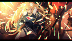 Rule 34 | 1girl, absurdres, animal ear fluff, animal ears, asymmetrical legwear, belt buckle, black shirt, black skirt, blonde hair, boots, breasts, buckle, chromatic aberration, clenched teeth, debris, evil grin, evil smile, fangs, fighting, fur-trimmed jacket, fur trim, gold trim, grin, gun, hair between eyes, highres, holding, holding gun, holding weapon, jacket, jacket on shoulders, jewelry, large breasts, letterboxed, lion ears, long hair, necklace, orange eyes, rifle, ruins, scope, shinonome ito, shirt, sideways glance, single thigh boot, skirt, smile, solo, sparks, teeth, thigh boots, thigh strap, thighhighs, tooth necklace, trebas, uneven legwear, v-shaped eyebrows, virtual youtuber, wactor production, weapon, weapon request