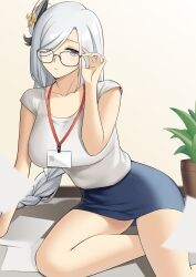Rule 34 | 1girl, aemu (august life), blue eyes, genshin impact, glasses, highres, id card, looking at viewer, low-braided long hair, low-tied long hair, office lady, shenhe (genshin impact), sitting, solo, white hair