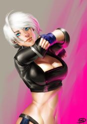 Rule 34 | 1girl, abs, angel (kof), blue eyes, blue gloves, breasts, chaps, cleavage, cropped jacket, eyebrows, eyelashes, eyeliner, fingerless gloves, gloves, highres, large breasts, lips, makeup, megaween, midriff, nose, short hair, silver hair, sleeves pushed up, smile, solo, the king of fighters, thick eyebrows, upper body