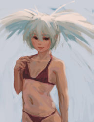 Rule 34 | absurdres, bikini, black rock shooter (game), doyora, faux traditional media, flat chest, highres, navel, no lineart, red bikini, simple background, solo, swimsuit, twintails, upper body, white hair, white rock shooter
