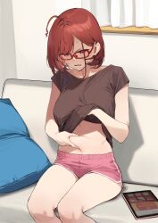 Rule 34 | 1girl, 92m, absurdres, belly, breasts, brown shirt, clothes lift, commentary request, glasses, highres, indoors, kinshi no ane (92m), legs together, lifting own clothes, medium breasts, navel, original, pink shorts, red-framed eyewear, red eyes, red hair, shirt, shirt lift, short hair, short sleeves, shorts, sitting, solo, thighs, translated, weight conscious