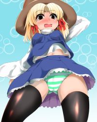 Rule 34 | 1girl, black thighhighs, blonde hair, blush, breasts, cameltoe, from below, hand on headwear, hat, looking at viewer, midriff, miniskirt, moriya suwako, navel, open mouth, panties, pantyshot, sanagi (diohazard), short hair, skirt, small breasts, smile, solo, striped clothes, striped panties, thighhighs, touhou, underwear, upskirt