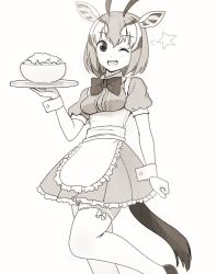 Rule 34 | 10s, 1girl, :d, alternate costume, animal ears, apron, bad id, bad pixiv id, blush, bow, bowtie, breasts, enmaided, gazelle ears, gazelle horns, gazelle tail, greyscale, horns, kemono friends, looking at viewer, maid, medium breasts, monochrome, multicolored hair, one eye closed, open mouth, pleated skirt, shoes, short hair, simple background, skirt, smile, solo, standing, standing on one leg, star (symbol), tail, thighhighs, thomson&#039;s gazelle (kemono friends), totokichi, tray, waist apron, white background, wrist cuffs