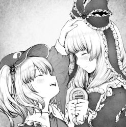 Rule 34 | 2girls, :d, ^ ^, arm ribbon, bow, closed eyes, closed mouth, collared shirt, commentary request, dress, flat cap, frilled bow, frilled ribbon, frilled shirt collar, frills, front ponytail, grey background, greyscale, hair bow, hair ribbon, hand on another&#039;s head, happy, hat, kageharu, kagiyama hina, kawashiro nitori, long sleeves, medium hair, monochrome, multiple girls, open mouth, ribbon, shirt, smile, teeth, touhou, twintails, two side up, upper body, upper teeth only