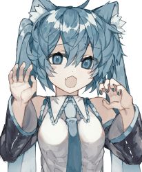 Rule 34 | 1girl, animal ear fluff, animal ears, aqua eyes, aqua hair, aqua nails, aqua necktie, bad id, bad pixiv id, between breasts, black sleeves, breasts, claw pose, commentary, deep (deep4946), detached sleeves, grey shirt, hands up, hatsune miku, highres, long hair, medium breasts, nail polish, necktie, necktie between breasts, open mouth, shirt, simple background, sleeveless, sleeveless shirt, solo, twintails, upper body, vocaloid, white background