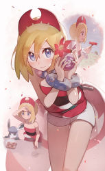Rule 34 | 1girl, absurdres, blonde hair, blue eyes, bracelet, closed mouth, collar, commentary request, creatures (company), eyelashes, flower, game freak, gen 4 pokemon, glaceon, hair between eyes, hairband, highres, holding, holding flower, irida (pokemon), jewelry, legendary pokemon, looking at viewer, multiple views, mythical pokemon, neck ring, nintendo, odd (hin yari), petals, pokemon, pokemon (creature), pokemon legends: arceus, pouch, red flower, red hairband, red shirt, sash, shaymin, shaymin (land), shirt, short hair, shorts, smile, strapless, strapless shirt, valentine, waist cape, white shorts