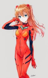 Rule 34 | 1girl, arm at side, arm behind back, blue eyes, blush, brown hair, content rating, contrapposto, grey background, hair between eyes, hand in own hair, hiten (hitenkei), interface headset, legs together, long hair, looking at viewer, neon genesis evangelion, parted bangs, plugsuit, simple background, solo, souryuu asuka langley, thigh gap, white background