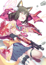 Rule 34 | 1girl, :d, animal ear fluff, animal ears, black gloves, black hair, black skirt, blue archive, commentary request, eyeshadow, finger on trigger, fingerless gloves, fishnet thighhighs, fishnets, fox ears, fox girl, fox hair ornament, fox tail, gloves, gun, hadanugi dousa, hair ornament, halo, holding, holding gun, holding magazine (weapon), holding weapon, izuna (blue archive), japanese clothes, kimono, kunai, long sleeves, magazine (weapon), makeup, medium hair, ninja, one side up, open clothes, open kimono, open mouth, orange eyes, pleated skirt, pom pom (clothes), pom pom hair ornament, red eyeshadow, red scarf, reloading, rope, scarf, school uniform, serafuku, shimenawa, sidelocks, simple background, single thighhigh, skirt, sleeveless, smile, solo, standing, standing on one leg, submachine gun, tail, takano itsuki, thigh strap, thighhighs, type 100 smg, weapon, wide sleeves