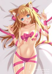 Rule 34 | 1girl, :o, absurdres, animal ears, bed, blonde hair, blue eyes, cat ears, dakimakura (medium), hanazono serena, hanazono serena (channel), hands up, highres, long hair, looking at viewer, nude, open mouth, pink ribbon, ribbon, solo, the des alizes, virtual youtuber, white background