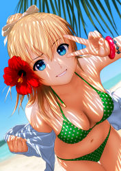 Rule 34 | 1girl, aqua eyes, bare shoulders, bent over, bikini, blonde hair, blue eyes, bracelet, breasts, cleavage, collarbone, dappled sunlight, day, dutch angle, flower, green bikini, hair flower, hair ornament, halterneck, halterneck, hibiscus, jacket, jacket over swimsuit, jewelry, leaning forward, long hair, looking at viewer, mole, mole on breast, navel, ocean, original, outdoors, parted lips, polka dot, polka dot bikini, polka dot swimsuit, ponytail, shin (world 3000), smile, solo, stomach, sunlight, swimsuit, thigh gap, undressing, v