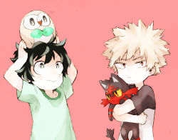 Rule 34 | 10s, 2boys, :t, aged down, animal, animal on head, arms up, bad id, bad pixiv id, bakugou katsuki, bird, bird on head, black hair, blonde hair, boku no hero academia, child, closed mouth, creatures (company), crossover, game freak, gen 7 pokemon, highres, holding, hug, litten, looking at another, looking at viewer, looking up, male focus, midoriya izuku, multiple boys, nintendo, on head, owl, pink background, pokemon, pokemon (creature), pokemon on head, pokemon sm, rowlet, shade, shirt, short sleeves, simple background, sketch, spiked hair, t-shirt, upper body, wavy mouth, zou (oku)