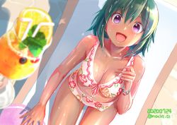 Rule 34 | 1girl, :d, alcohol, bare shoulders, bendy straw, breasts, cleavage, collarbone, commentary request, cup, dark-skinned female, dark skin, dated, drinking straw, food, fruit, green hair, idolmaster, idolmaster cinderella girls, large breasts, leaning forward, lemon, lemon slice, looking at viewer, nacht (nacht 01), natalia (idolmaster), navel, open mouth, purple eyes, short hair, smile, solo, twitter username, wet