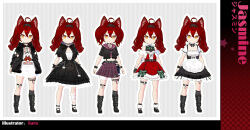 Rule 34 | 1girl, ahoge, animal ear fluff, animal ears, apron, artist name, bandaged leg, bandages, black footwear, black hairband, black jacket, black shirt, black socks, boots, brown eyes, character name, character request, closed mouth, dress, frilled apron, frills, fur-trimmed dress, fur-trimmed sleeves, fur trim, hair between eyes, hairband, hands up, head tilt, highres, jacket, kneehighs, long hair, long sleeves, looking at viewer, multiple views, open clothes, open jacket, outline, plaid, plaid skirt, pleated skirt, purple sailor collar, purple skirt, red dress, red hair, sailor collar, saru, school uniform, serafuku, shirt, shoes, single kneehigh, single sock, skirt, socks, striped, striped background, twintails, variations, vertical stripes, vroid, waist apron, white apron, white outline, white shirt, white socks