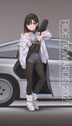 Rule 34 | 1girl, 2021, absurdres, arm up, bare shoulders, black hair, black pantyhose, bodystocking, boots, breasts, can, car, collarbone, covered navel, crop top, drink can, earrings, full body, grey background, grey shirt, grey shorts, grin, guitar case, highres, holding, holding can, honda, instrument case, jacket, jewelry, joeychen, long hair, long sleeves, looking at viewer, midriff, motor vehicle, off-shoulder jacket, off shoulder, open clothes, open jacket, original, pantyhose, red eyes, shirt, short shorts, shorts, sidelocks, sleeveless, sleeveless shirt, sleeveless turtleneck, smile, soda can, solo, standing, strap, turtleneck, white footwear, white jacket