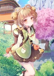 Rule 34 | 1girl, absurdres, arm up, basket, bell, blue sky, blunt bangs, blush, bow-shaped hair, braid, brown eyes, brown hair, cherry blossoms, cloud, clover print, day, dress, eyebrows hidden by hair, finger to mouth, genshin impact, hair bell, hair ornament, hat, highres, jingle bell, long sleeves, looking at viewer, nayuuchan, outdoors, pocket, qingdai guanmao, short hair, sidelocks, sky, temple, turnip, yaoyao (genshin impact)