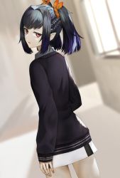 Rule 34 | 1girl, alternate costume, bad id, bad twitter id, black hair, black sweater, blurry, blurry background, cowboy shot, dutch angle, from behind, gradient hair, hair intakes, highres, indoors, long sleeves, looking at viewer, looking back, miniskirt, multicolored hair, open mouth, pointy ears, purple hair, red eyes, rourou ill, skirt, solo, standing, sweater, symonne (tales), tales of (series), tales of zestiria, white skirt