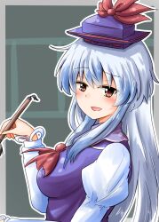 Rule 34 | 1girl, :d, blue dress, blue hair, blue hat, blush, calligraphy brush, clip studio paint (medium), collared dress, commentary request, dress, from side, green background, grey hair, hair over shoulder, hat, highres, holding, holding brush, juliet sleeves, kamishirasawa keine, long hair, long sleeves, looking at viewer, multicolored hair, neckerchief, open mouth, orange eyes, oshiaki, outside border, paintbrush, puffy sleeves, raised eyebrows, red neckerchief, red ribbon, ribbon, sidelocks, smile, solo, touhou, two-tone hair, upper body, white sleeves