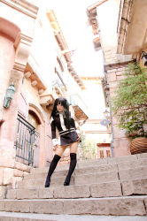 Rule 34 | 1girl, asian, balcony, black hair, black thighhighs, breasts, cosplay, d.gray-man, door, dress, kipi-san, lamp, lenalee lee, lenalee lee (cosplay), long hair, looking at viewer, outdoors, petite, photo (medium), plant, potted plant, road, short dress, small breasts, solo, stairs, street, thighhighs, twintails, uniform, zettai ryouiki