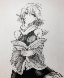Rule 34 | 1girl, absurdres, bare shoulders, breasts, commentary request, cowboy shot, greyscale, highres, long sleeves, looking to the side, medium bangs, medium breasts, mizuhashi parsee, monochrome, off shoulder, ozma (yozakura), parsee day, pointy ears, scarf, shirt, short hair, simple background, skirt, sleeveless, sleeveless shirt, solo, touhou, undershirt