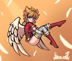 Rule 34 | angel wings, armor, bandages, blonde hair, boots, breath of fire, breath of fire i, capcom, dress, falling feathers, feathers, green eyes, gris-9, headband, highres, leotard, nina (breath of fire i), red footwear, red leotard, short hair, signature, smile, wings
