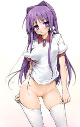 Rule 34 | 00s, 1girl, adjusting clothes, adjusting legwear, blush, bottomless, breasts, clannad, cleft of venus, covered erect nipples, embarrassed, female focus, flying sweatdrops, fujibayashi kyou, gradient background, groin, gym uniform, hair intakes, hair ornament, hair ribbon, head tilt, hip focus, holding, ishikei, lips, long hair, looking at viewer, nipples, no bra, no panties, puffy sleeves, purple eyes, purple hair, pussy, ribbon, see-through, shiny skin, short sleeves, simple background, skindentation, solo, standing, thigh gap, thighhighs, thighhighs pull, thighs, uncensored, uniform, very long hair, white background, white thighhighs