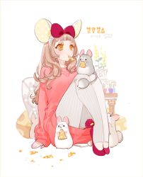 Rule 34 | 1girl, 2020, animal, animal ears, animal on leg, bad id, bad pixiv id, blunt bangs, bow, brown hair, chinese zodiac, dated, fake animal ears, flats, food in mouth, grey leggings, hair bow, knees up, leggings, legs together, long hair, long sleeves, mouse ears, mouth hold, nail polish, orange hair, original, pantyhose, pink nails, red bow, red footwear, red shirt, shirt, signature, sitting, sleeves past wrists, solo, white background, year of the rat, yua (tick-tack)