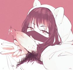 Rule 34 | 1boy, 1girl, animal hood, bear hood, character request, copyright request, erection, fellatio, fellatio under mask, fingernails, handjob, hetero, highres, hood, hood up, long hair, looking at viewer, male pubic hair, mask, mask lift, monochrome, mouth mask, oral, penis, pov, precum, pubic hair, puk (higanbana doujin), sepia, solo focus, surgical mask, testicle sucking, uncensored, v, veins, veiny penis