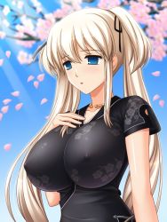 Rule 34 | 1girl, black dress, blue eyes, breasts, cherry blossoms, china dress, chinese clothes, covered erect nipples, day, dress, hair ribbon, hand on own chest, hand over chest, impossible clothes, impossible dress, jewelry, kafu (logaemon), large breasts, mabinogi, nao (mabinogi), necklace, outdoors, ribbon, solo, twintails, white hair
