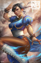 Rule 34 | 1girl, arm up, aura, black hair, blue dress, boots, bracelet, brown eyes, brown pantyhose, bun cover, capcom, china dress, chinese clothes, chun-li, commentary, cross-laced footwear, double bun, dress, earrings, english commentary, fighting stance, hair bun, jewelry, knee up, nopeys, pantyhose, pelvic curtain, pink lips, puffy short sleeves, puffy sleeves, sash, short sleeves, spiked bracelet, spikes, street fighter, thick thighs, thighs, white footwear