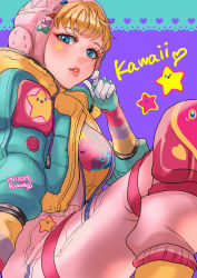 Rule 34 | 1girl, animification, apex legends, aqua gloves, blonde hair, blue eyes, blush, bodysuit, bow, breasts, eyeshadow, facial tattoo, gloves, green bow, heart, highres, kawaii voltage wattson, looking at viewer, makeup, medium breasts, official alternate costume, parted lips, pink bodysuit, pink eyeshadow, print shirt, purple bow, ramune02, red bow, shirt, solo, star (symbol), tattoo, wattson (apex legends), yellow shirt