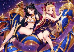 Rule 34 | 2girls, arm warmers, armlet, asymmetrical legwear, asymmetrical sleeves, bare shoulders, bikini, black hair, blonde hair, blush, bow, breasts, cage, cloak, detached sleeves, dress, earrings, elbow gloves, ereshkigal (fate), fate/grand order, fate (series), fur-trimmed cloak, fur trim, gloves, hair bow, hair ribbon, heavenly boat maanna, highres, holding, holding cage, hoop earrings, infinity symbol, ishtar (fate), jewelry, long hair, long legs, looking at viewer, matsuryuu, medium breasts, mismatched bikini, multiple girls, navel, neck ring, open mouth, parted bangs, red cloak, red eyes, red ribbon, ribbon, single arm warmer, single detached sleeve, single elbow glove, single sleeve, single thighhigh, smile, spine, swimsuit, thighhighs, tiara, two-sided cloak, two-sided fabric, two side up, underworld, uneven legwear, uneven sleeves, very long hair, yellow cloak