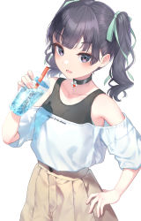 Rule 34 | 1girl, bare shoulders, black choker, black eyes, black hair, black tank top, brown skirt, bubble tea, choker, commentary request, cowboy shot, cup, disposable cup, drinking straw, hair ribbon, hand on own hip, hand up, high-waist skirt, highres, holding, holding cup, iced tea, long hair, namikishiho, off-shoulder shirt, off shoulder, open mouth, original, ribbon, shirt, short sleeves, simple background, skirt, solo, standing, tank top, twintails, white background, white shirt