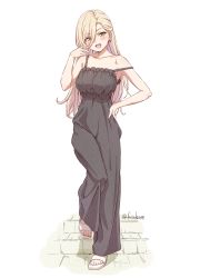 Rule 34 | 1girl, :d, absurdres, alternate costume, armpits, black dress, blonde hair, blush, breasts, collarbone, commentary, dress, earrings, fang, frilled dress, frills, full body, fuusuke (fusuke208), hair between eyes, hand on own hip, heart, heart earrings, highres, holding, holding own hair, jewelry, long hair, looking at viewer, medium breasts, nijisanji, nui sociere, open mouth, parted bangs, sandals, simple background, sleeveless, sleeveless dress, smile, solo, stairs, standing, strap slip, twitter username, virtual youtuber, white background, white footwear, yellow eyes