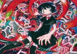 Rule 34 | 1girl, abstract, abstract background, black dress, black hair, black thighhighs, bow, bowtie, collared dress, dress, feet out of frame, hair over one eye, hito (nito563), houjuu nue, red bow, red bowtie, short hair, short sleeves, solo, thighhighs, touhou