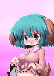 Rule 34 | 1girl, 53, animal ears, blue eyes, blush, breasts, clothes lift, covered erect nipples, dress, dress lift, fang, female focus, green hair, groin, impossible clothes, impossible dress, kasodani kyouko, panties, short hair, side-tie panties, solo, tail, tears, touhou, underwear, upper body