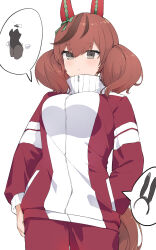 Rule 34 | 1girl, absurdres, animal ear headwear, breasts, brown hair, closed mouth, cowboy shot, ear covers, fake animal ears, grey eyes, hairband, hand in pocket, high collar, highres, jacket, leotard, long sleeves, looking at viewer, medium breasts, medium hair, mefuyaka, multicolored hair, nice nature (umamusume), open clothes, open jacket, pants, red jacket, red pants, simple background, solo, speech bubble, spoken object, streaked hair, tracen training uniform, twintails, umamusume, white background