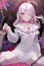Rule 34 | 1girl, absurdres, ahoge, choker, commentary, doll joints, dress, eyepatch, flower, hair over one eye, highres, joints, long hair, long sleeves, maria marionette, multicolored hair, nijisanji, nijisanji en, parted lips, pink choker, pink eyes, pink flower, pink hair, pink rose, purple flower, purple hair, purple rose, rose, salty gana, sitting, solo, stuffed animal, stuffed rabbit, stuffed toy, symbol-only commentary, virtual youtuber, wariza, white dress