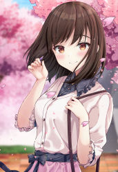 Rule 34 | 1girl, bag, black bow, black shirt, blurry, blurry background, blush, bow, breasts, brown eyes, brown hair, closed mouth, collared shirt, commentary request, day, depth of field, dress shirt, flower, frilled shirt collar, frills, hands up, highres, jacket, looking at viewer, maruma (maruma gic), original, outdoors, petals, pink flower, pink skirt, shirt, short sleeves, shoulder bag, skirt, small breasts, smile, solo, white jacket