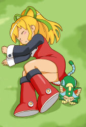 Rule 34 | 1girl, absurdres, android, black shirt, blonde hair, blush stickers, boots, breasts, capcom, cat, clenched hand, closed eyes, commentary request, dress, female focus, from above, full body, grass, green ribbon, hair ribbon, highres, knee boots, komagoma, legs, long hair, long sleeves, lying, mega man (classic), mega man (series), on side, parted lips, ponytail, red dress, red footwear, ribbon, roll (mega man), shadow, shirt, sidelocks, sleeping, small breasts, tango (mega man), undershirt