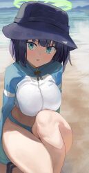 Rule 34 | 1girl, absurdres, bare legs, beach, blue archive, blush, breasts, bucket hat, dinsoreprong64, halo, hat, highres, large breasts, looking at viewer, outdoors, purple hair, raglan sleeves, rash guard, saki (blue archive), saki (swimsuit) (blue archive), solo, squatting