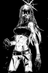 Rule 34 | 1girl, absurdres, belt, black background, bleeding, blood, blue archive, clenched hand, cowboy shot, crop top, cropped legs, cuts, gloves, green eyes, greyscale, halo, highres, injury, long hair, looking at viewer, mask, midriff, monochrome, mouth mask, pants, saori (blue archive), simple background, sleeveless, solo, spot color, vellion00