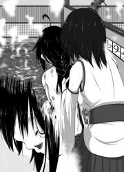 Rule 34 | 10s, 2girls, ahoge, bath, black hair, blood, clothed female nude female, detached sleeves, from behind, greyscale, hands in hair, injury, kantai collection, monochrome, multiple girls, nontraditional miko, nude, open mouth, shigure (kancolle), usui ryuusan, yamashiro (kancolle)
