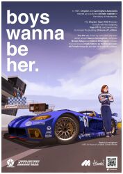 Rule 34 | 1girl, :o, arhentol, blue jumpsuit, blush, brown hair, car, character name, checkered flag, cloud, commentary, crossed arms, dodge (company), dodge viper, english commentary, english text, flag, highres, jumpsuit, looking at viewer, motor vehicle, original, qr code, race vehicle, racecar, racing suit, raelyn cunningham (arhentol), short hair, signature, sky, spoiler (automobile), vehicle focus, vehicle name