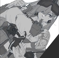 Rule 34 | 1girl, armpits, bare shoulders, breasts, checkered clothes, checkered neckwear, collared shirt, dutch angle, earrings, electroshock weapon, eyes visible through hair, girls&#039; frontline, glove in mouth, gloves, goggles, goggles on head, greyscale, hair between eyes, highres, jewelry, large breasts, less-than-lethal weapon, mole, mole under eye, monochrome, mouth hold, shirt, sig mcx (girls&#039; frontline), sleeveless, sleeveless shirt, solo, taser, tattoo, undressing, upper body, utsuda, walkie-talkie, white background, white shirt